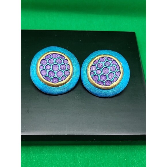 Vintage Weekenders Clip On Earrings Gold  Blue Enamel Basket Weave Round #008 - Picture 6 of 6